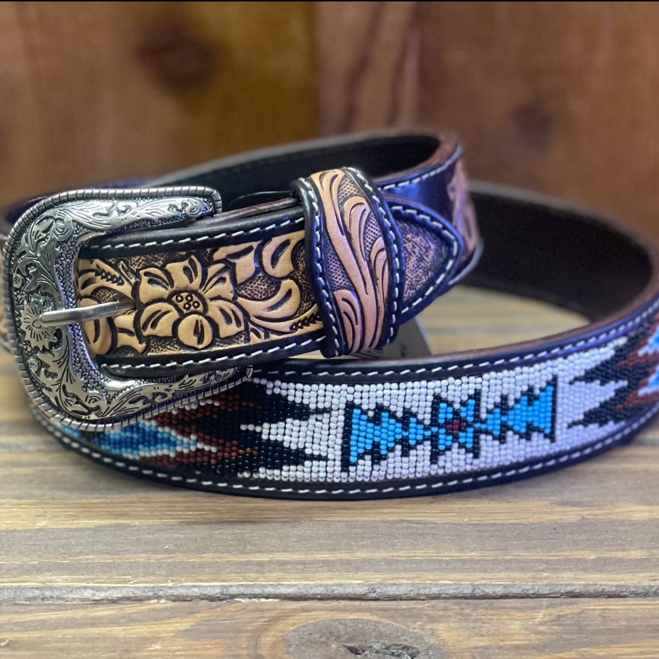 Blue and Black Beaded Leather Belt 