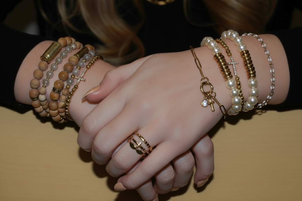 Gold Rush Cross Beaded Stretch Bracelet