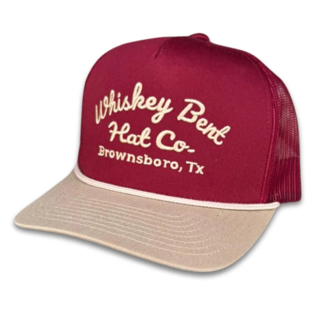 Red and beige trucker hat with 'Whiskey Bent Hat Co.' text on a white background